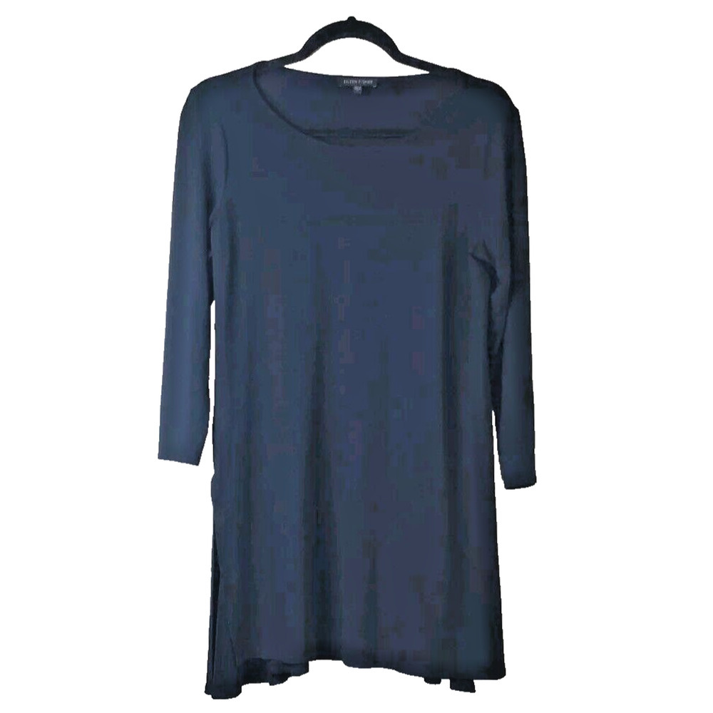 Eileen Fisher Womens Small Tunic Top Black Side Slits Long Sleeve Stretch